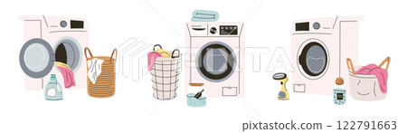 Vector illustration set of modern washing machines with laundry baskets, detergent, and fabric care accessories in minimalist flat style, household routine, cleaning organization collection Vector illustration set of modern washing machines with laundry baskets, detergent, and fabric care accessories in minimalist flat style, household routine, cleaning organization collection 122791663