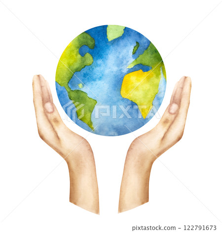 Human palm, hands with planet earth. Watercolor hand drawn save the planet illustration isolated on background. Agriculture, organic gardening, planting or ecology, awareness. Environmental, earth day 122791673
