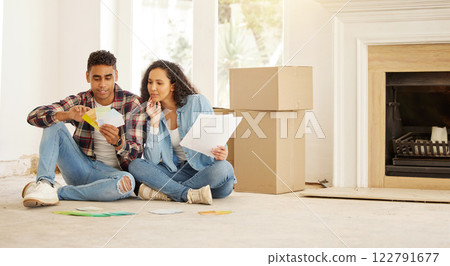 Paint, renovation and homeowner with a couple thinking about a remodel or home improvement in the house. Color, property and real estate with a man and woman painting a domestic room and moving in Paint, renovation and homeowner with a couple thinking about a remodel or home improvement in the house. Color, property and real estate with a man and woman painting a domestic room and moving in 122791677
