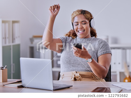 Music, podcast and streaming, business woman listening to new track in an office. Internet, technology and entertainment, listen to song phone with headphones. Work, relax and enjoy radio app online 122791682
