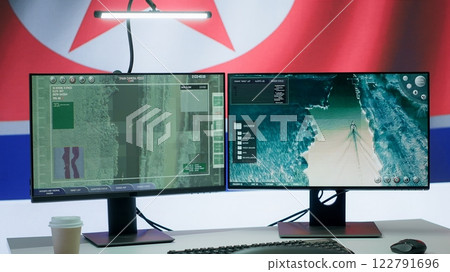 Dangerous army operations room presenting North Korea flag on big screen, inflicting fear and misinformation among the population. Armed forces spreading fake news for communism ideology. Camera A. Dangerous army operations room presenting North Korea flag on big screen, inflicting fear and misinformation among the population. Armed forces spreading fake news for communism ideology. Camera A. 122791696