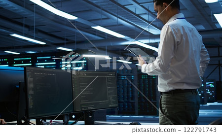 Data center engineer responsible for installation and repair of networking equipment solving tasks on device. IT professional doing maintenance on server room infrastructure using tablet, camera B Data center engineer responsible for installation and repair of networking equipment solving tasks on device. IT professional doing maintenance on server room infrastructure using tablet, camera B 122791743