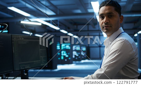 Portrait of smiling technician in data center implementing and managing infrastructure to ensure optimal performance and reliability. Happy IT specialist in server room coding on computer, camera B Portrait of smiling technician in data center implementing and managing infrastructure to ensure optimal performance and reliability. Happy IT specialist in server room coding on computer, camera B 122791777