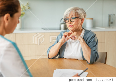 Female doctor examining older senior woman in doctor office or at home. Old woman lady patient and doctor have consultation in hospital room. Medicine healthcare medical checkup. Visit to doctor Female doctor examining older senior woman in doctor office or at home. Old woman lady patient and doctor have consultation in hospital room. Medicine healthcare medical checkup. Visit to doctor 122792061