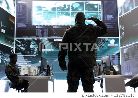 Military man showing the honorary salute in command center base of operations, armed forces working on supporting troops on field missions. Gathering intelligence via radar satellite and cctv. Military man showing the honorary salute in command center base of operations, armed forces working on supporting troops on field missions. Gathering intelligence via radar satellite and cctv. 122792115
