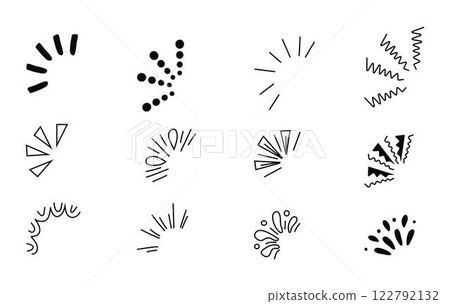 explosion, burst, and surprise ray icon in a hand-drawn continuous line style. 122792132