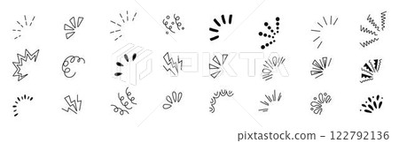 explosion, burst, and surprise ray icon in a hand-drawn continuous line style. 122792136