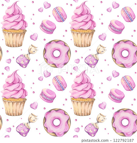 Seamless watercolor pattern in soft pink tones featuring desserts: a cupcake with pink frosting, a donut, macarons and candies. Ideal for bakery branding, cozy cafe decor, scrapbook paper 122792187
