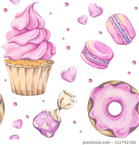 Seamless watercolor pattern in soft pink tones featuring desserts: a cupcake with pink frosting, a donut, macarons and candies. Ideal for bakery branding, cozy cafe decor, scrapbook paper Seamless watercolor pattern in soft pink tones featuring desserts: a cupcake with pink frosting, a donut, macarons and candies. Ideal for bakery branding, cozy cafe decor, scrapbook paper 122792188