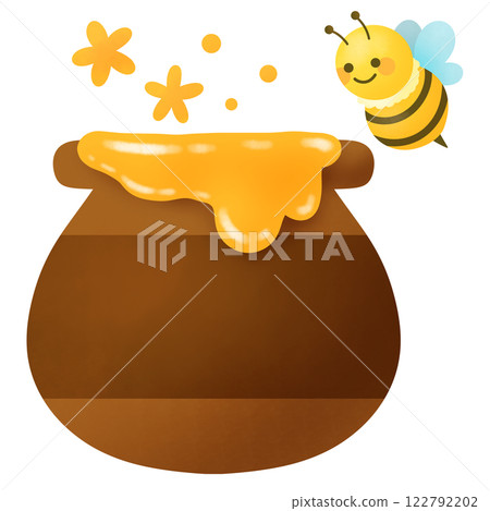 有蜜蜂和花朵的蜂蜜罐插圖 122792202