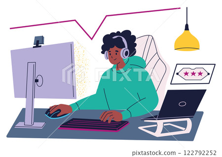 Vector illustration of gamer playing computer game, using desktop and laptop, with gaming keyboard and mouse. Female streamer in gaming chair, live streaming her gameplay, isolated colored clipart 122792252