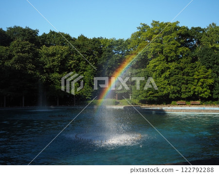 Rainbow over a fountain in the park 122792288