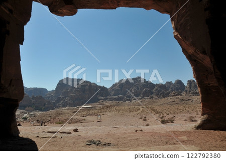 Jordan, Petra, Petra ruins, view from inside the palace tombs, royal tombs 122792380