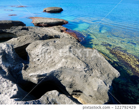 Rocky shore of the Caspian Sea. 122792429