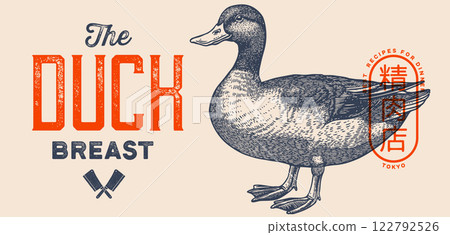 Duck, mallard sketch. Hand drawn sketch. Meat tag, food label template. Vintage retro print, black white Duck, mallard drake drawing. Silhouette duck, mallard drake. Vector Illustration 122792526