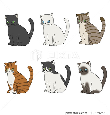 Set of sitting black cat, white cat, brown tabby, brown tabby, hachiware, and Siamese cat 122792559