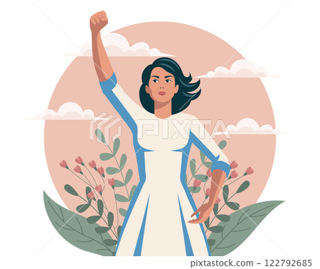 Empowered woman with flowers and raised hand in protest. Feminism and equality concept. Flat illustration Empowered woman with flowers and raised hand in protest. Feminism and equality concept. Flat illustration 122792685