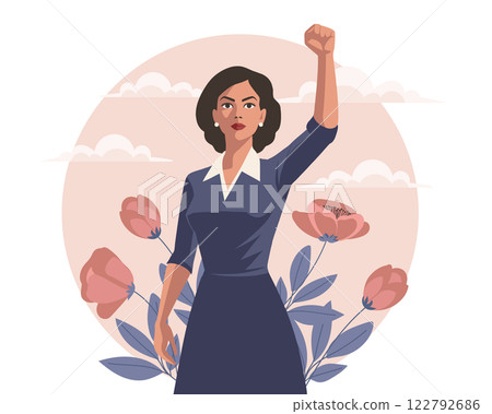 Empowered woman with flowers and raised hand in protest. Feminism and equality concept. Flat illustration 122792686
