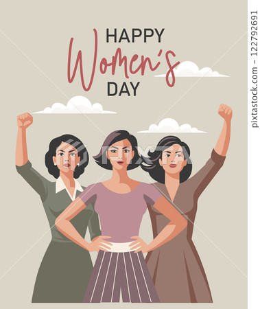 Happy Women's Day card. Young women with raised hands in protest. Banner, poster, illustration 122792691