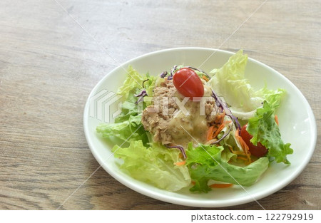 mashed tuna with vegetable salad dressing Japanese roasted sesame cream sauce on plate 122792919