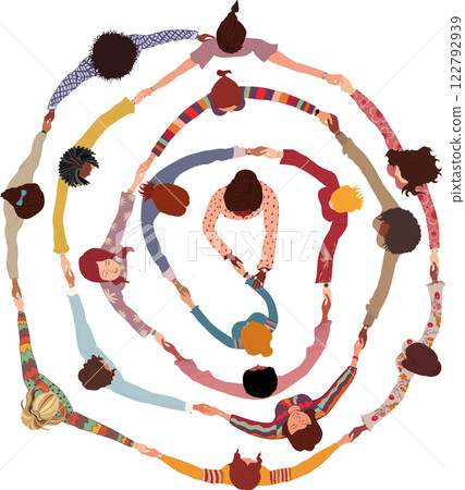 Isolated group of multicultural women in circle holding hands. International women s day. Diversity - inclusion - equality or empowerment. Agreement between colleagues or co-workers 122792939