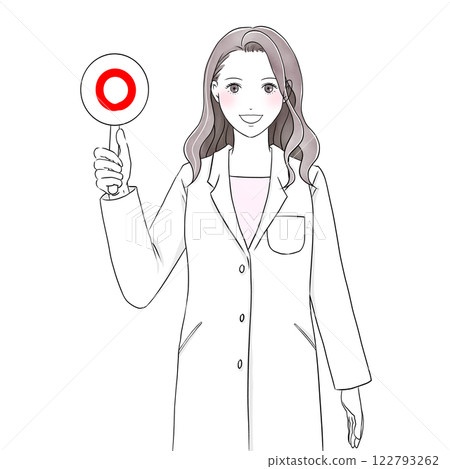 圖：一位身穿白大褂的美女微笑著舉著一個圓圈的盤子 122793262