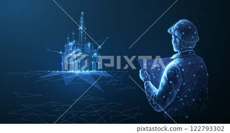 Engineer and oil rig. Abstract 3d floating rig platform on blue 122793302