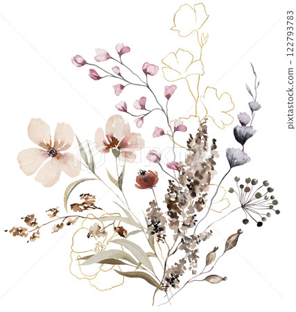 Bouquet made with watercolor autumn wild flowers and leaves, Brown and beige wedding illustration 122793783