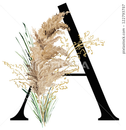 Black letter A with watercolor biege and golden dried pampas grass, tropical wedding illustration 122793787