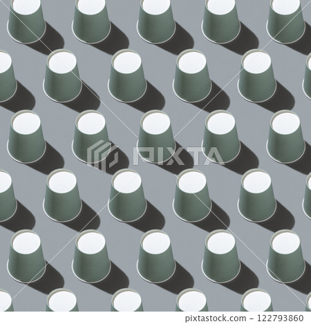 New light green paper cups on a gray top view, hard shadow, pattern, mockup 122793860