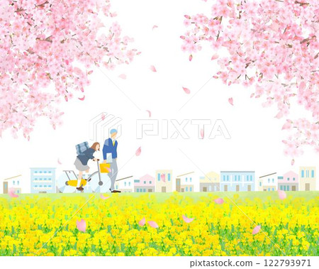 Male and female students walking along a bank with cherry blossom trees and blooming rape blossoms - bicycle - graduation and enrollment - people vector illustration white background material Male and female students walking along a bank with cherry blossom trees and blooming rape blossoms - bicycle - graduation and enrollment - people vector illustration white background material 122793971