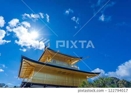Kyoto City: Rokuon-ji Temple (Kinkaku-ji Temple) shining against the blue winter sky 122794017