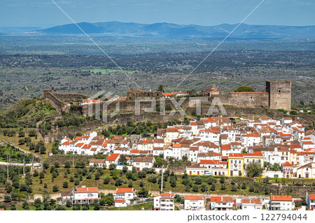 Panorama of Castelo de Vide rooftops seen from an outside viewpoint. Castelo de Vide in Alto Alentejo, Portugal. 122794044