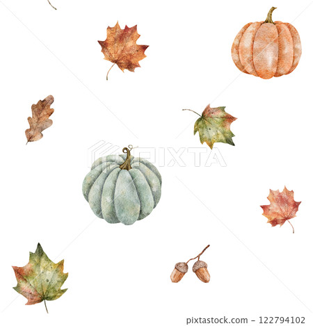 Watercolor seamless pattern of fall elements. Hand drawn illustration pumpkins, maple leaves and acorn. Botanical Print for wallpaper, textile, fabric and packaging design Watercolor seamless pattern of fall elements. Hand drawn illustration pumpkins, maple leaves and acorn. Botanical Print for wallpaper, textile, fabric and packaging design 122794102