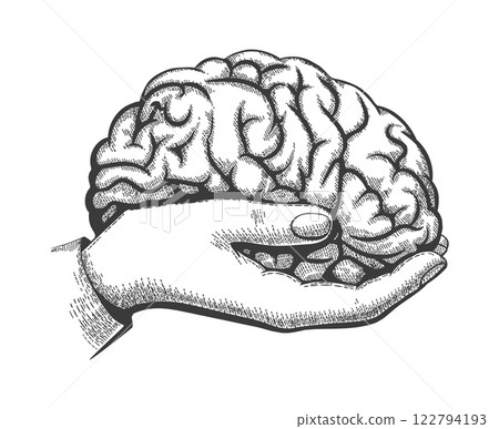 Engraving hand holding human brain Engraving hand holding human brain 122794193