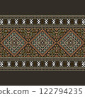 Arabian ethnic fabric pattern features a striking geometric design in vibrant green tones, beautifully contrasted ethnic a black background. The play of colors adds depth and  ethnic elegance, designe 122794235