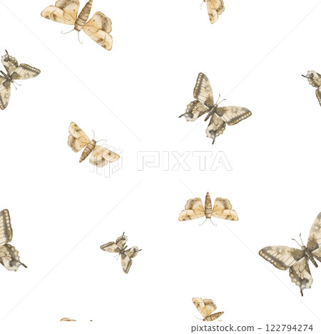 Brown and beige butterflies in vintage style on a isolated background, seamless pattern. Watercolor illustration. For fabric,textiles, wallpaper, wrapping paper, wrappers, covers, prints, clothing. 122794274
