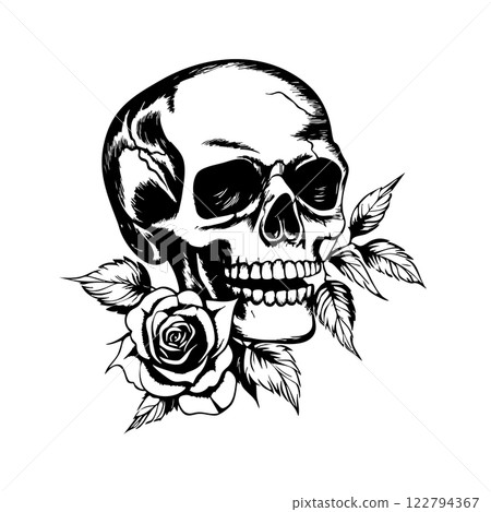 Monochrome skull with a delicate rose, detailed vector illustration, contrast, life and death themes, ideal for prints or tattoo design, Easy editable layere. 122794367