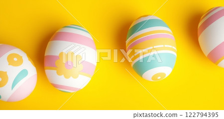 Pastel colored Easter eggs with floral and striped patterns on a vibrant yellow background, festive and decorative theme 122794395