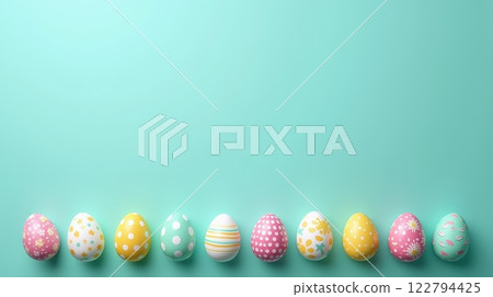 Row of colorful Easter eggs with decorative patterns on a pastel turquoise background. Flat lay composition with copy space 122794425