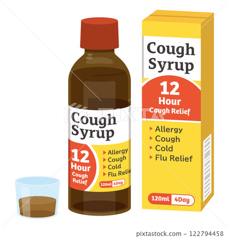 Cough syrup packages and bottles 122794458