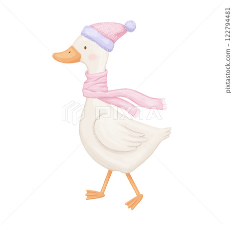 Cute baby goose with scarf and winter hat, animal character, watercolor isolated illustration 122794481
