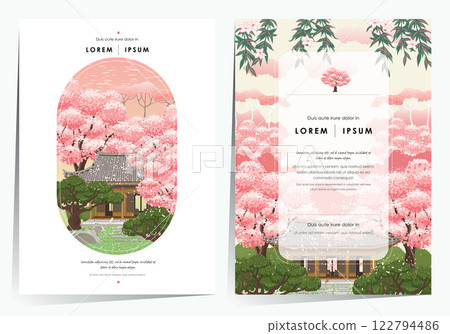 Vector Illustration Template set of Traditional Korean Architecture - Hanok with Cherry Blossoms in a Serene Spring Garden.				 122794486