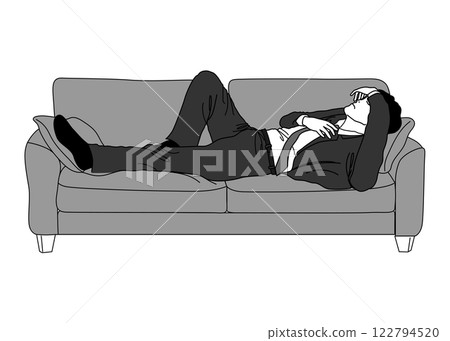 Illustration of a businessman in a suit sleeping on a sofa (full body, sideways) 122794520