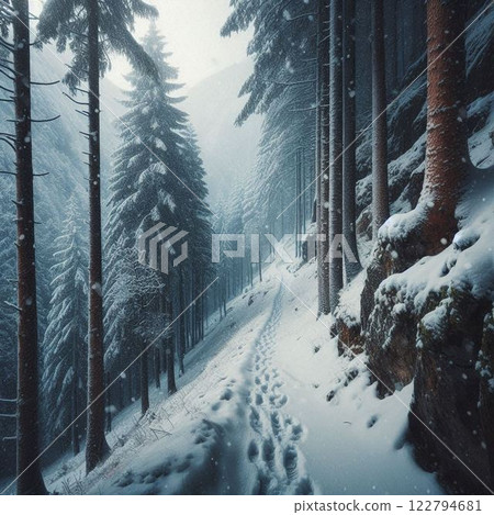 被雪覆蓋的針葉林 122794681
