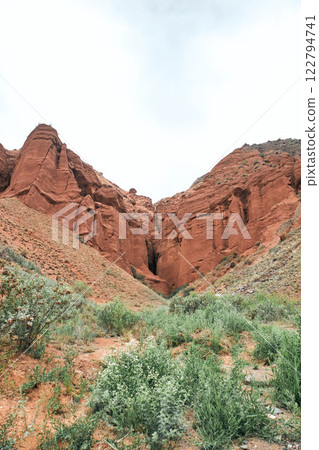 Sandstone red rocks. Sheer cliffs subject to erosion. 122794741