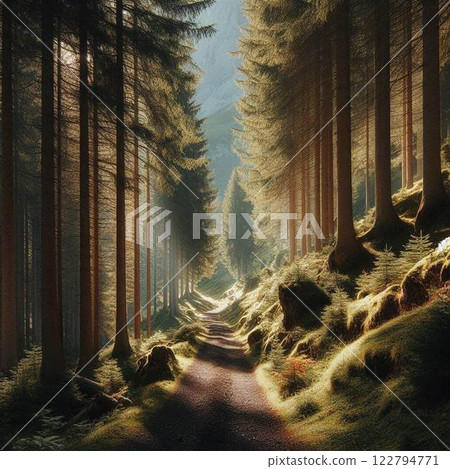 Forest trees lit by the morning sun 122794771