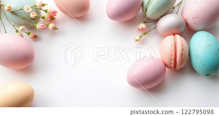 Pastel Easter eggs and macarons with pink spring flowers on a white background. Spring holiday celebration concept Pastel Easter eggs and macarons with pink spring flowers on a white background. Spring holiday celebration concept 122795098