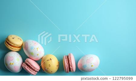 Pastel colored Easter eggs and macarons arranged on blue background. Flat lay composition with copy space 122795099
