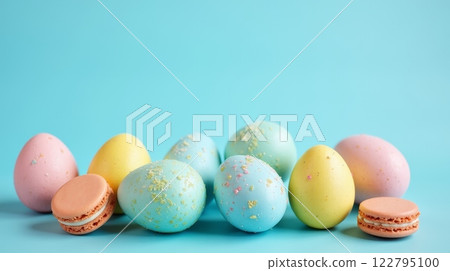 Colorful pastel Easter eggs and macarons on bright blue background. Festive springtime composition with vibrant details 122795100